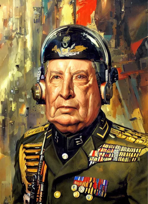 Prompt: sci fi portrait of a cyborg with features from general augusto pinochet wearing prussian military clothes by john berkey