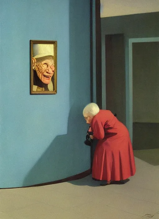 Image similar to old woman with a cane with hysterical facial expression at the art deco hospital painting by Edward Hopper and James Gilleard, Zdzislaw Beksinski highly detailed