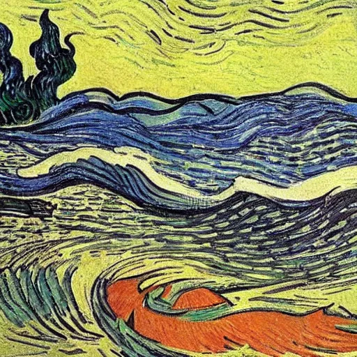 Prompt: salmon jumping out of the river on a sunny day. by van gogh.