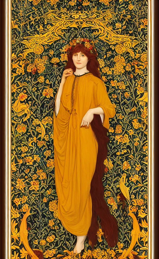 Image similar to full body reclining masterpiece of preraphaelite portrait photography, brown hair fringe, yellow ochre ornate medieval dress, william morris and kilian eng and mucha, framed, 4 k