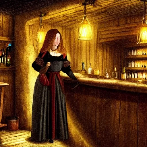 Image similar to attractive bar maid in a medieval tavern at night, cinematic, filmic