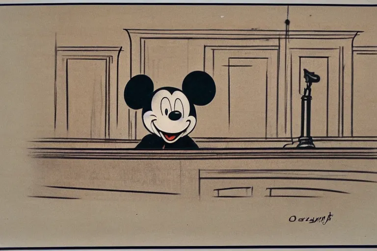 Prompt: detailed background courtroom sketch of vintage disney character mickey mouse presenting evidence of copyright infringement to the judge bench court room wooden serious dark tone vintage early cel animation