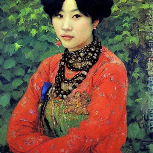 Image similar to portrait of asian beautiful woman masterpiece painting by vasnetsov and surikov, JEAN-VICTOR BERTIN, by Terence Cuneo, detailed, t artfully traced