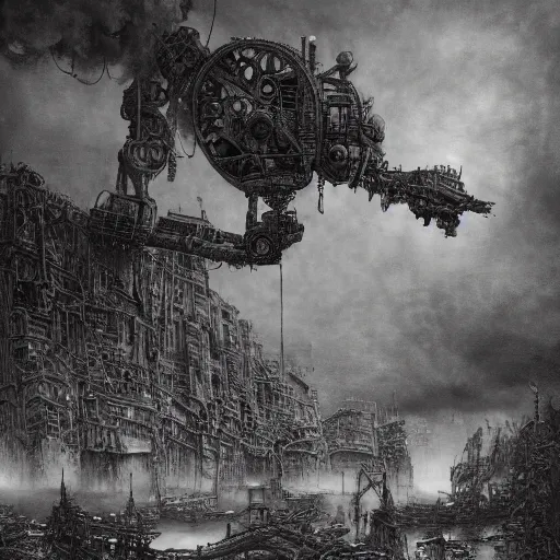 Prompt: a beautiful hyperrealistic ultradetailed matte painting of dieselpunk war machines, by James Stokoe and harry clarke and Zdzisław Beksiński and Jakub Rozalski, war theatre, dark, realistic, smog, black smoke, oil, machine parts, dystopian, insane details, peter mohrbacher, intricate, mecha, embers, trending on artstation, volumetric lighting, smog, micro details, HD wallpaper, 8k