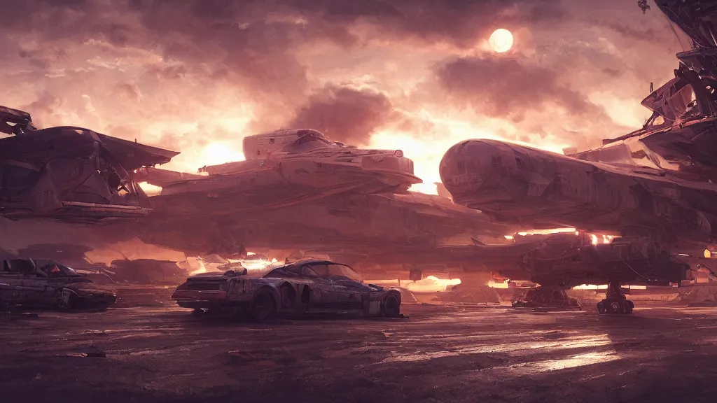 Image similar to a Photorealistic hyperrealistic render of a gigantic spaceship landing at a Junkyard by Greg Rutkowski,Vitaly Bugarov,Stephan Martiniere,Nicolas Bouvier SPARTH,James Paick,dramatic moody sunset lighting,long shadows,Volumetric, cinematic atmosphere, Octane Render,Artstation,8k