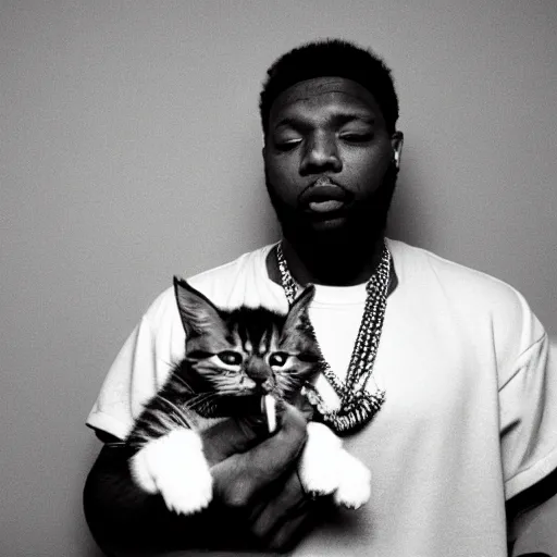 Image similar to 15mm wide-angle lens photo of a rapper in 1990 New York holding a kitten up to the camera