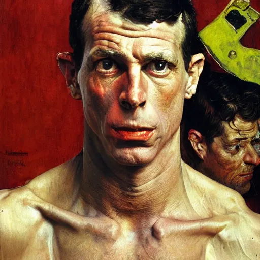 Prompt: high quality high detail painting by norman rockwell and lucien freud, hd, portrait of a dangerous professional wrestler, intense demonic look in the eyes, photorealistic lighting