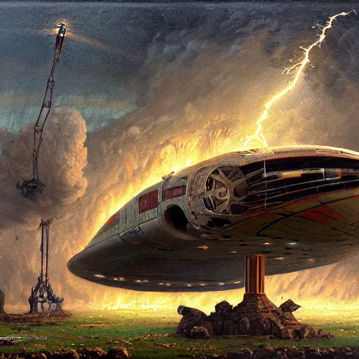 Image similar to a roman spaceship, stuck in the ground, the spaceship is on fire, smoke, rainstorm, lightning, angry, kinetic, adolphe bouguereaum, norman rockwell, trending on artstation, highly detailed oil painting,