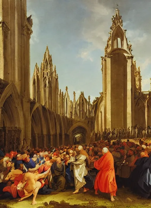 Prompt: elisabeth louise vigee - le brun painting of large crowd of medieval monks gathered at giant gothic ruins cathedral and raising a magical glowing spirit, old master painting with stunning lighting and details photoreal dusk sun lit light,