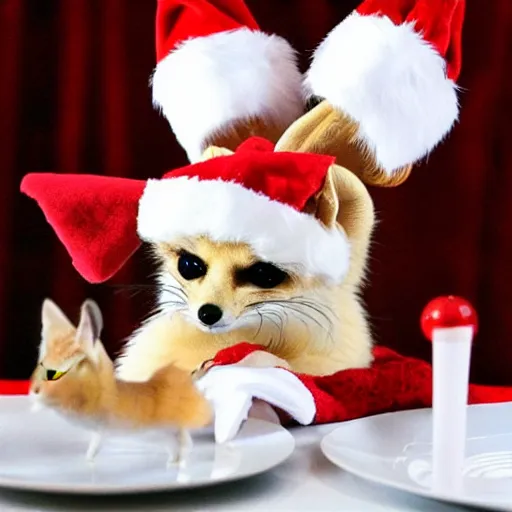 Prompt: fennec fox wearing a santa hat. they are sat at a fancy table eating cheese from a plate