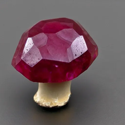 Prompt: a cut ruby gemstone in the shape of a mushroom, high detail