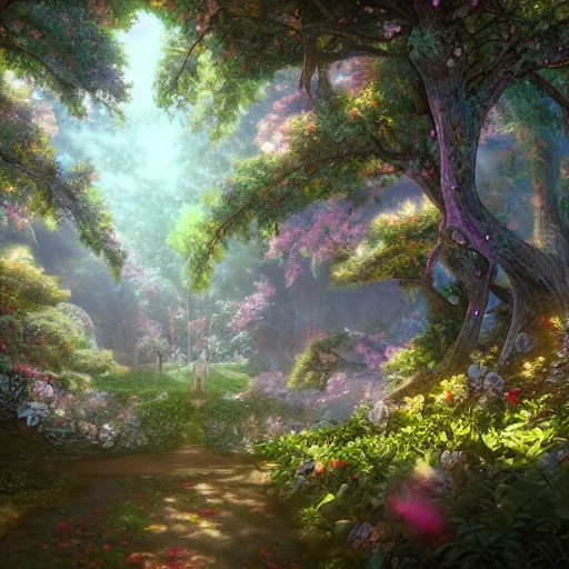 Image similar to the aesthetic view of the beautiful, grand, wistful, dreamy hidden forest at dusk, hyperrealistic anime illustration by iralki nadar, colorful, extremely detailed, intricate linework, super sharp focus, bright colors, octopath traveler, studio ghibli, unreal engine 5 highly rendered, global illumination, radiant light, detailed and intricate environment