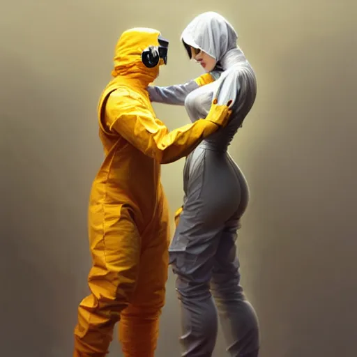 Image similar to character concept portrait of a man in a hazmat suit and voluminous woman in shirt and overalls both dancing, intricate, elegant, digital painting, concept art, smooth, sharp focus, illustration, from metal gear, by ruan jia and mandy jurgens and william - adolphe bouguereau, artgerm