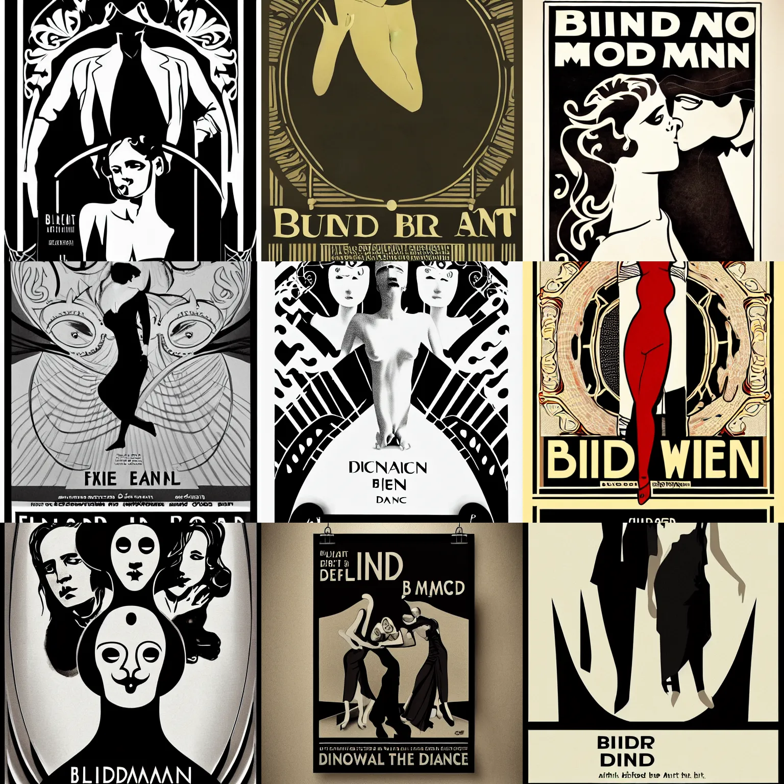 Prompt: poster for short film blind, man, woman, dance, art nouveau, art deco, monochromatic, sensual, violent, dramatic