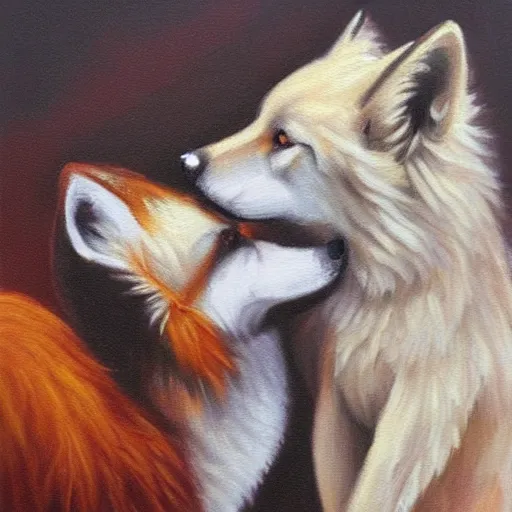 Prompt: A White Wolf kissing a Fox, oil painting