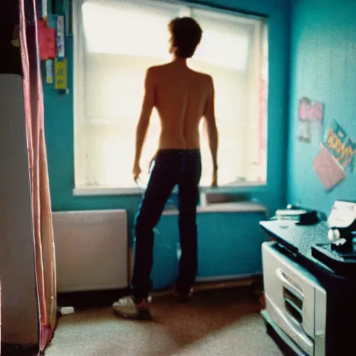 Image similar to kodak portra 4 0 0 photograph of a skinny blonde guy standing in cluttered 9 0 s bedroom, back view, moody lighting, telephoto, 9 0 s vibe, blurry background, vaporwave colors, faded!,