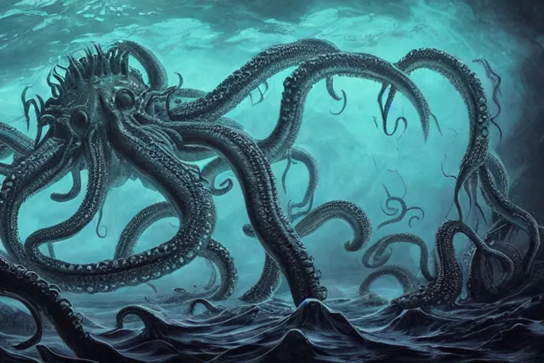 Image similar to old god eldritch horror terrifying the deep abyss of the ocean floor, epic scene, underwater photography, hyper - detailed, gigantic cthulhu, swarm of tentacles, dark art, digital art, epic composition