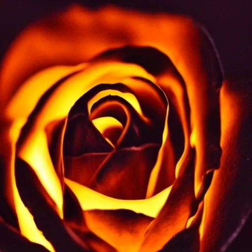 Image similar to award - winning macro of a beautiful black rose made of fire