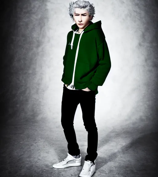 Prompt: nagito komaeda fashion photoshoot, a japanese man with white fluffy longish hair, thin sharp features, extremely pale, gray eyes, green hoodie, fashion photography, dynamic pose, young and beautiful, magazine cover, japanese facial features