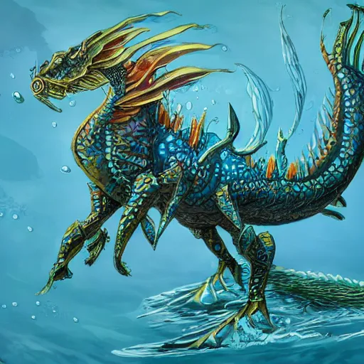 Image similar to underwater sea dragon full body, d & d style, trending on artstation, colorful, intricate, highly detailed art by ilse gort and yugin maffioli