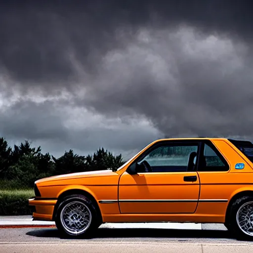 Prompt: orange bmw e 3 0 m 3, floating in outer space