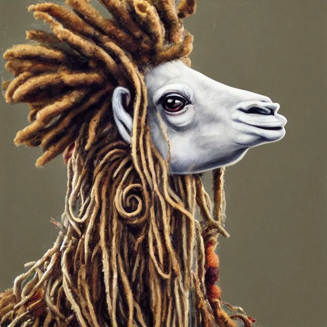 Image similar to llama with dreadlocks, by mandy jurgens, ernst haeckel, annie liebovotz, james jean