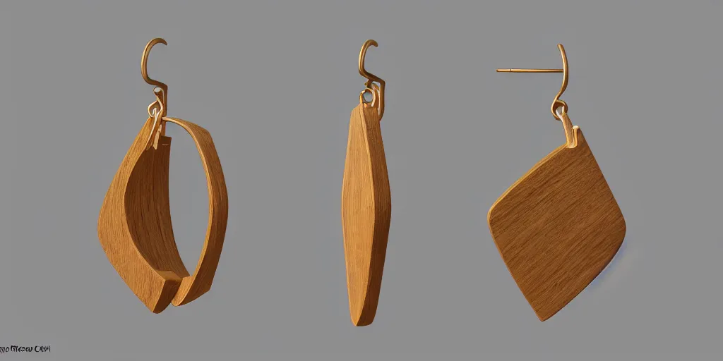 Image similar to earring design, jewelry design, wood, nordic, material, product design, trending on artstation, cgsociety, photo realistic, design by ziva cph and isabel lennse, 8 k, unreal engine, c 4 d