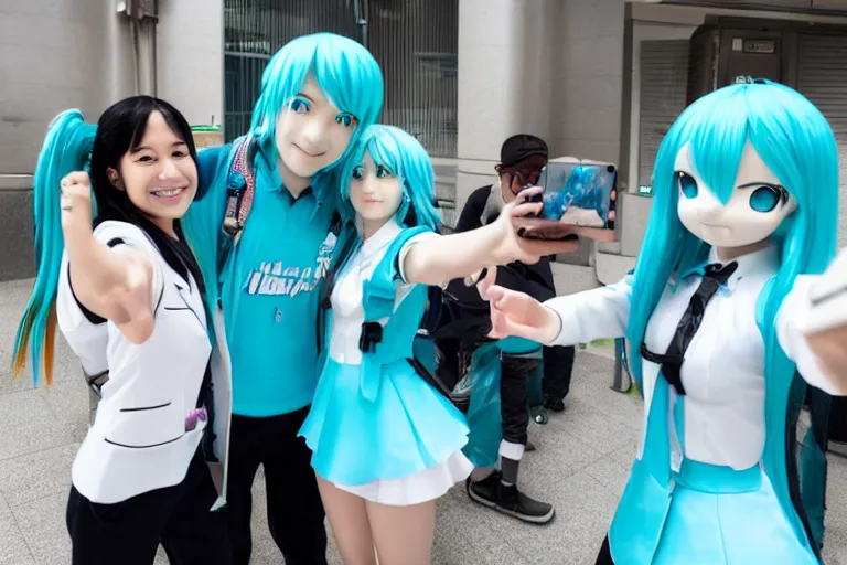 Prompt: two people taking a selfie with Hatsune miku outside of a hotel Scene from TV show 55mm