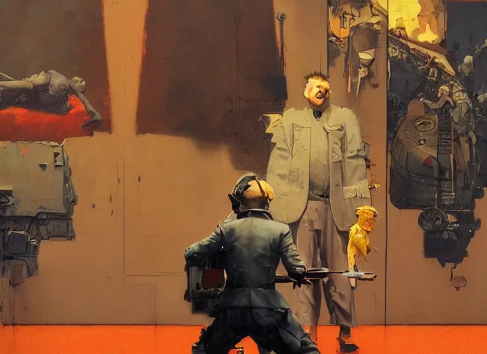 Image similar to a still from the movie enemy at the gates by francis bacon and norman rockwell and james jean, and mark brooks, triadic color scheme, by greg rutkowski, syd mead and edward hopper and norman rockwell and beksinski, dark surrealism, orange and turquoise