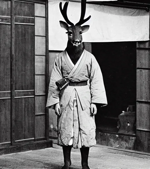 Image similar to 1 8 th century japanese street market in kyoto 1 9 0 0 s early photography portrait anthro anthropomorphic deer head animal person fursona wearing clothes street trader