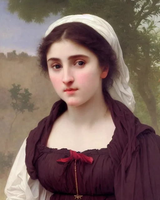 Image similar to beautiful glorious realistic oil portrait of young enya, baroque style by bouguereau, sunset, highly detailed and photorealistic, 8 k high detail and intricate