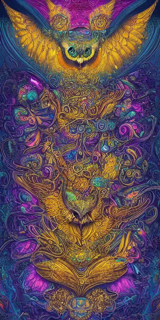 Image similar to intricate ornate of an owl with beautiful yellow eyes on a psychedelic journey in the style of android jones, sacred, ethereal, sacred geometry, hyper detailed, high detail, artstation, octane, unreal engine