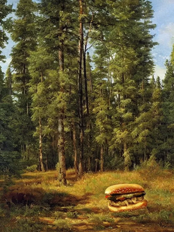 Image similar to Ivan Shishkin painting of a beautiful burger as a wild animal hiding at forest, beautiful lighting, sunny, summer, painting Ivan Shishkin