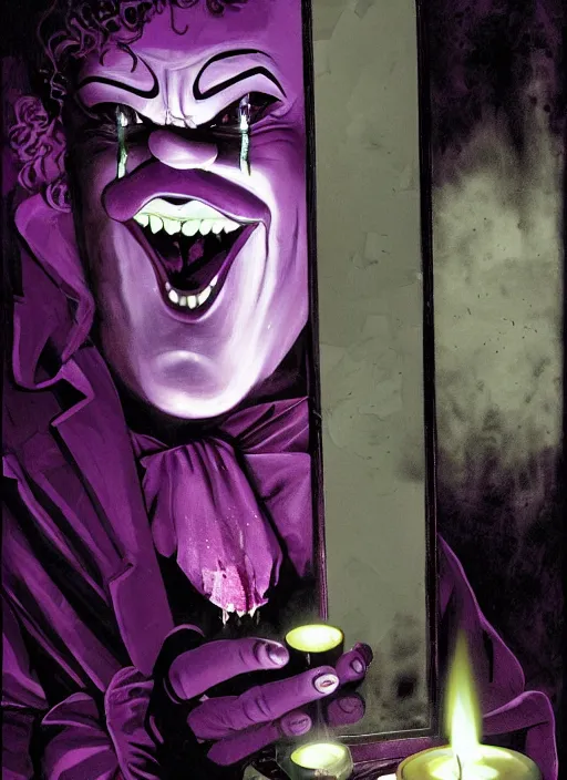 Image similar to a clown dressed in purple looking at himself in a broken shattered mirror. the clown is holding a candle. the mirror is cracked broken mirror shattered. dark moody natural lighting, by martin ansin