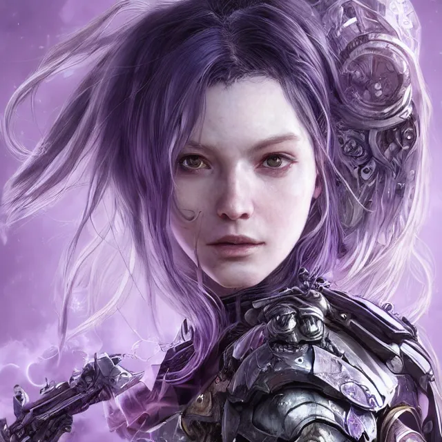 Image similar to close facial portrait of a pale woman in sci - fi armor with a flowing purple, elegant, stoic, intense, ultrafine hyperdetailed illustration by kim jung gi, irakli nadar, intricate linework, sharp focus, bright colors, octopath traveler, final fantasy, hearthstone, highly rendered, global illumination, radiant light, detailed, intricate environment