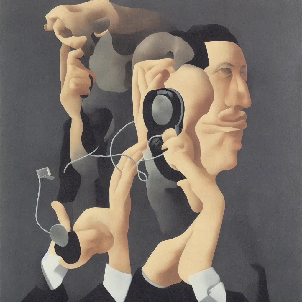 Image similar to i, a man wearing headphone and playing his iphone, by rene magritte