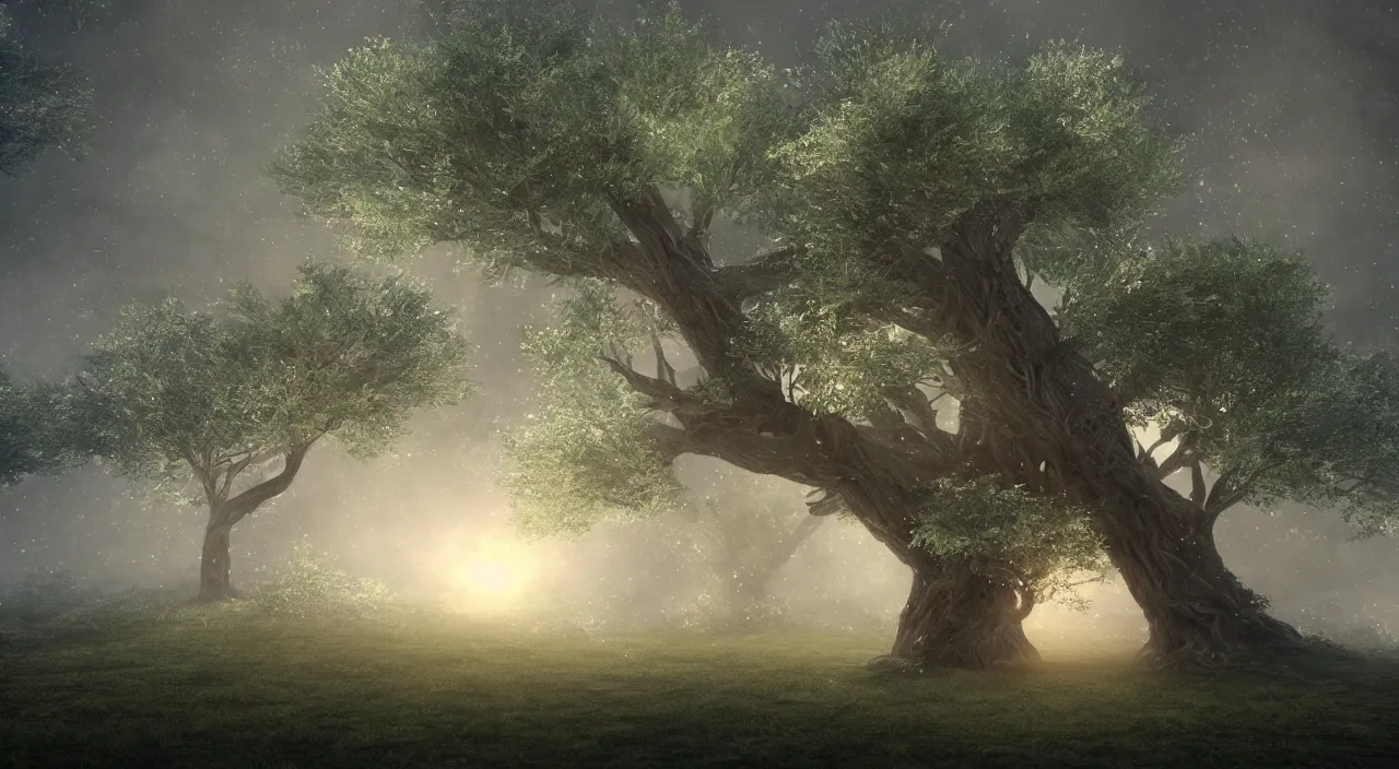 Image similar to huge magical tree with fairy dust, magical atmosphere, photo realistic, highly detailed, mist, trending on artstation, ultra realistic, octane render