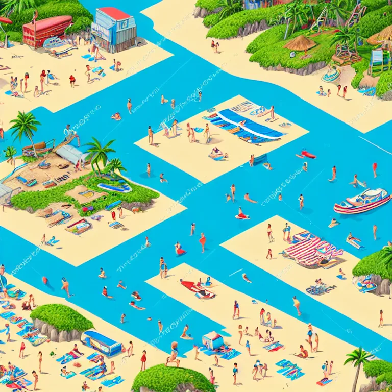 Image similar to high detailed full page spread from the where's waldo at a densely populated beach, isometric, waldo in the top right of frame, high detail illustration, coherent