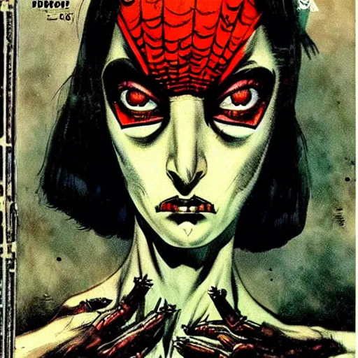 Image similar to portrait of a extremely frightened beautiful spider girl vintage comic book cover, by enki bilal, 1 9 6 8, dramatic, noir, creepy, surreal, weird, incredible, photo real 7 0 4