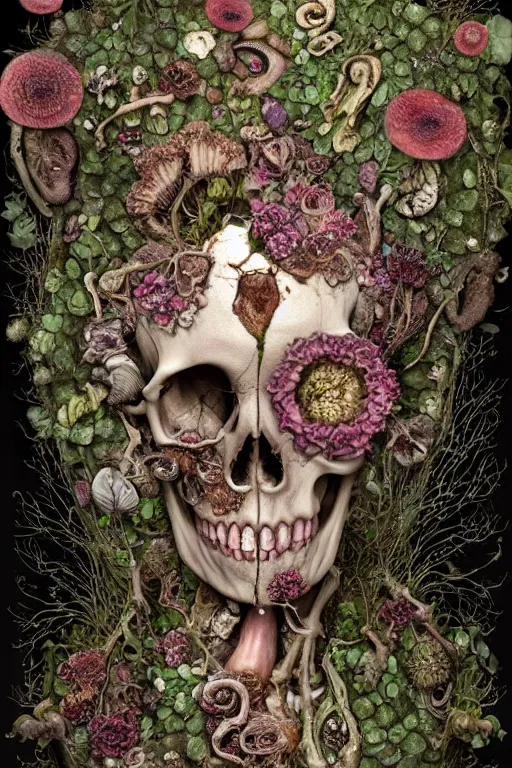 Image similar to beautiful and detailed rotten woman corpse becoming almost a skull with face muscles, veins, arteries, fractal plants and fractal flowers and mushrooms growing around, intricate, ornate, surreal, ray caesar, john constable, guy denning, dan hillier