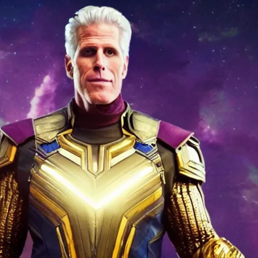 Prompt: ted danson, wearing thanos armour, wearing the infinity gauntlet hd 4k photo, cinematic lighting