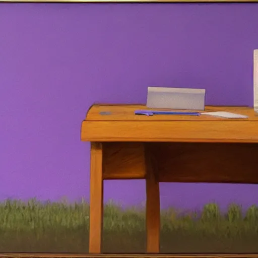 Image similar to realistic panting of a desk on a purple field blue clouds