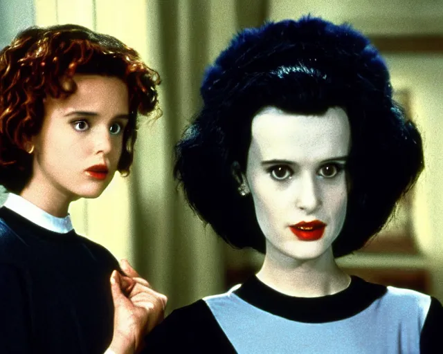 Prompt: millie bobby brown as winona ryder as lydia in beetlejuice, 1988, cdx