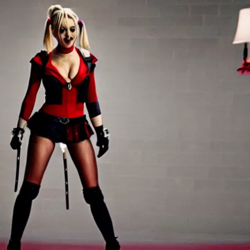 Image similar to A still of Kaley Cuoco as Harley Quinn, full-figure