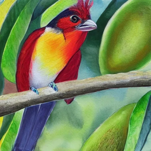 Image similar to A realistic painting of a Collared Trogon in a wild avocado tree, watercolour, pastel colours