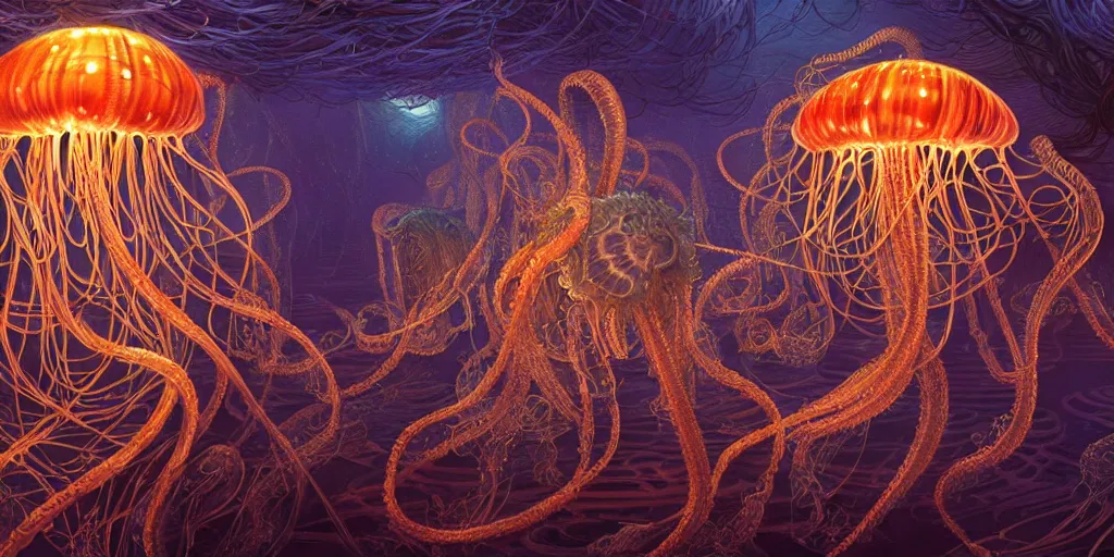 Prompt: a beautiful hyperrealistic ultradetailed 3d art of gigantic glowing complex multi-layered intricate jellyfish creatures with long flowing tendrils, by Justin Gerard and Laurie Greasley and Peter Mohrbacher and Dan Mumford, tarot card art, detailed shading, vray octane, redshift. micro details, dramatic lighting, volumetric lighting, 8k