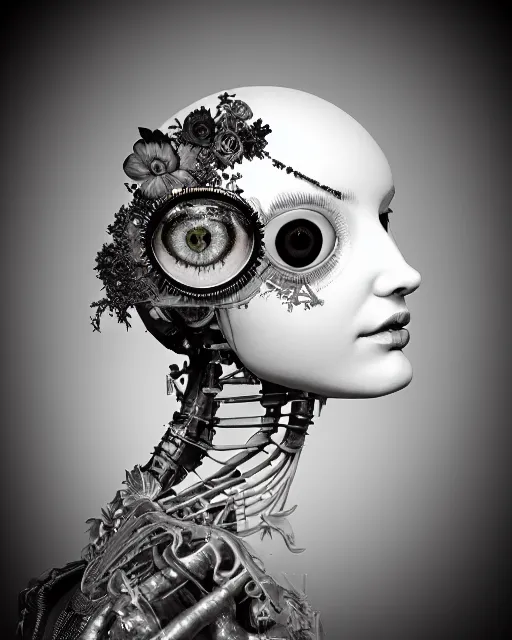 Image similar to black and white dreamy foggy smoky profile face portrait, one silver steampunk realistic eye biomechanical beautiful young female cyclope - cyborg - robot bust, body ribs meshes,, volumetric light, hibiscus flowers, by hg giger, rim light, by dora maar and cecile beaton, big gothic fashion pearl embroidered collar, 8 k