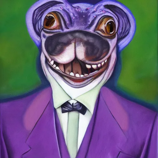 Image similar to Portrait of a psychotic crossbreed between a rabid dog and a toad, in a purple suit, oil painting