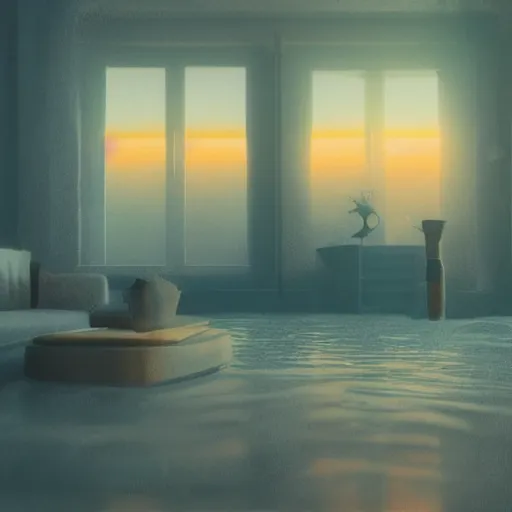 Prompt: retro photo of virtual interior, crisp, artstation, luxury, beautiful, dim painterly volumetric aquatic sunset lighting, 3 d concept art