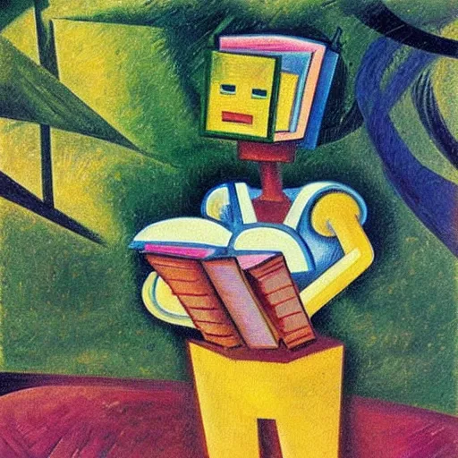Prompt: A robot reading a book in a park, forest, brook, colorful, in the style of Umberto Boccioni
